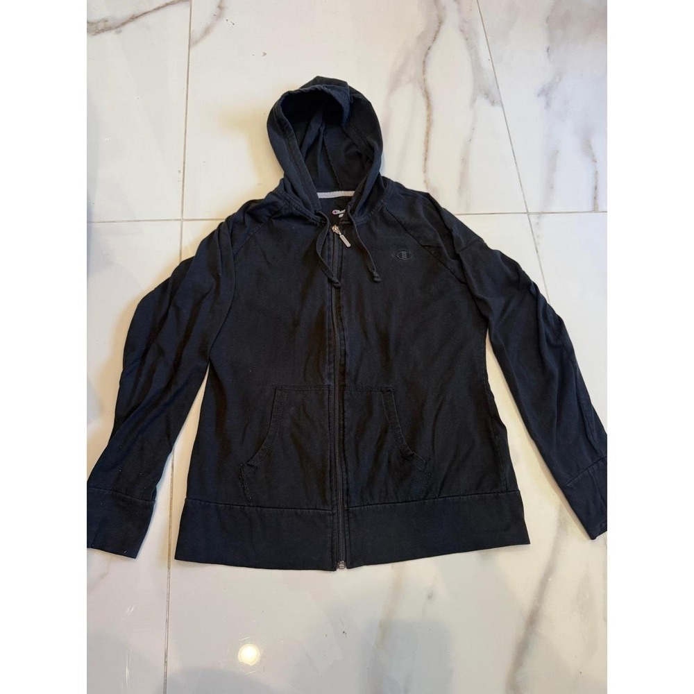 Champion Womens Full Zip Hoodie Black Lightweight Jersey Sweatshirt Size Medium